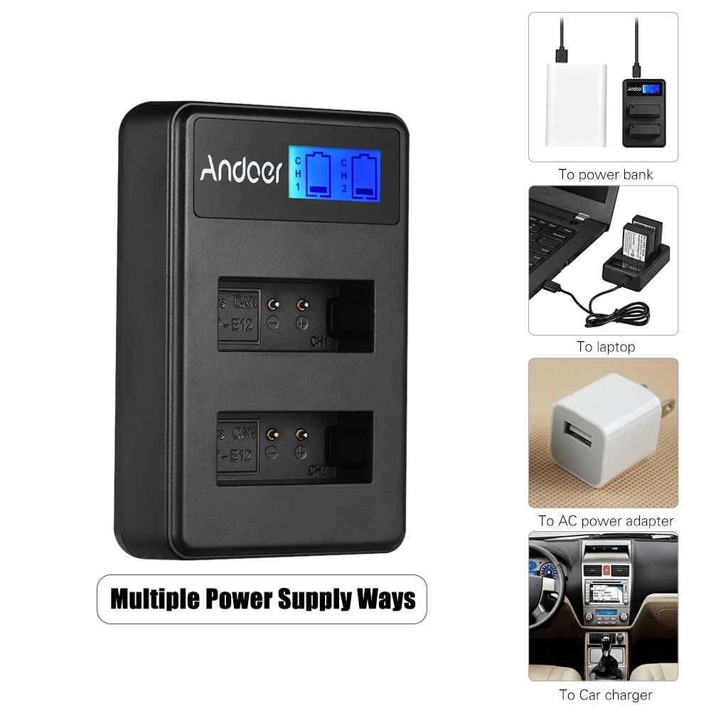 Andoer lcd 2 LPE12 USB вход ЖК дисплей двухканальный камера зарядное устройство для Canon LP E12