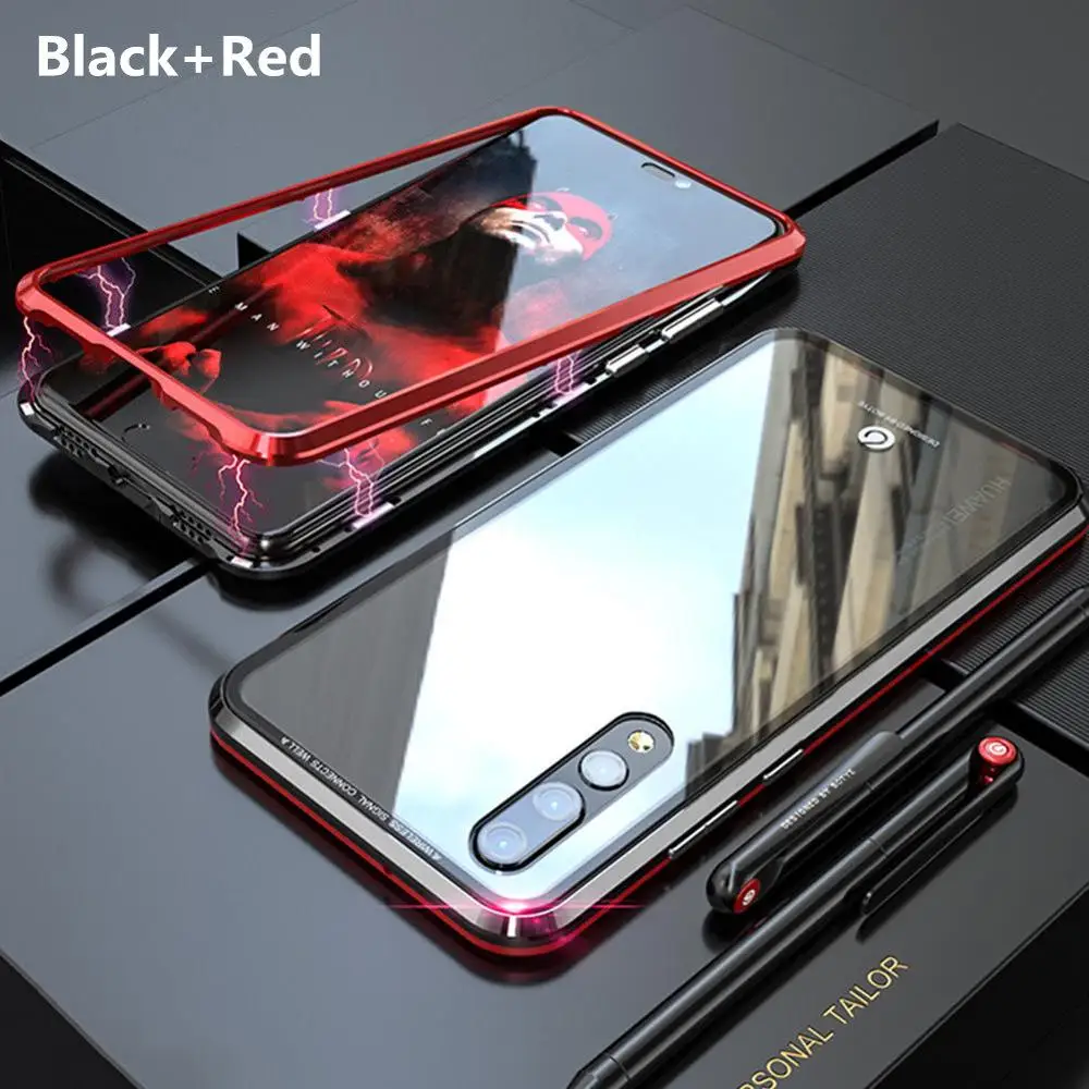 Роскошный Магнитный чехол для huawei Nova 3 3e P20 Pro, металлический бампер, магниты, стеклянный чехол, чехол для huawei P20 Lite, чехол Nova3e Nova3 - Цвет: Black-Red