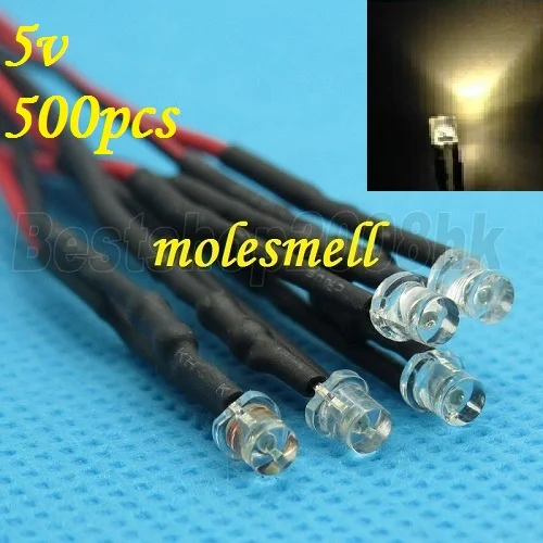 500pcs Flat Top warm white LED Lamp Light Set Pre-Wired 3mm 5V DC Wired 3mm 5v big/wide angle warm white led