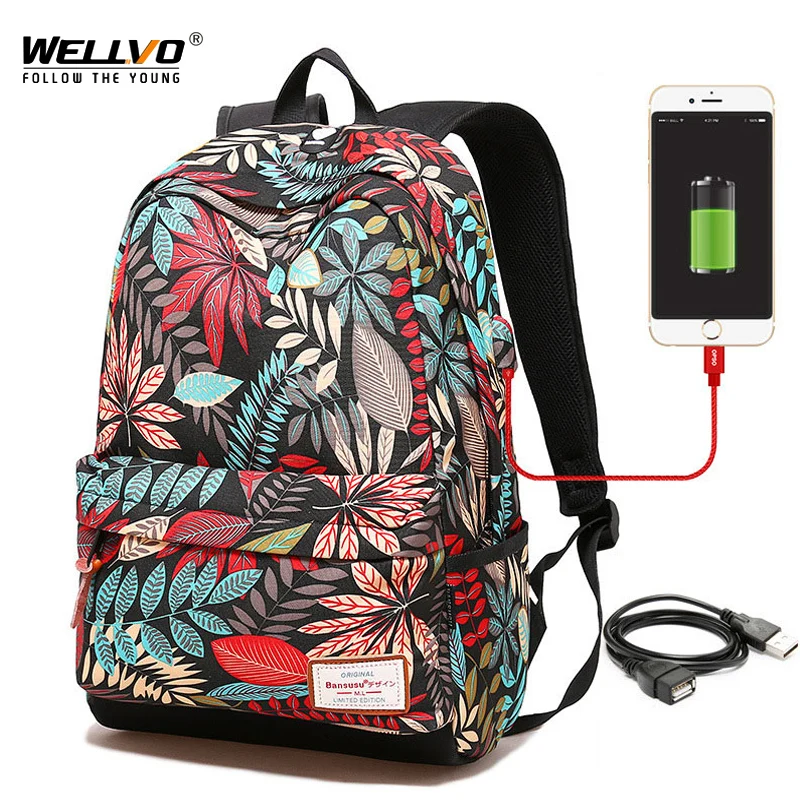 

Women's USB Charging Laptop Backpack For Teenage Girls School Backpack Printing Female Backpacks College Students Bags XA153ZC