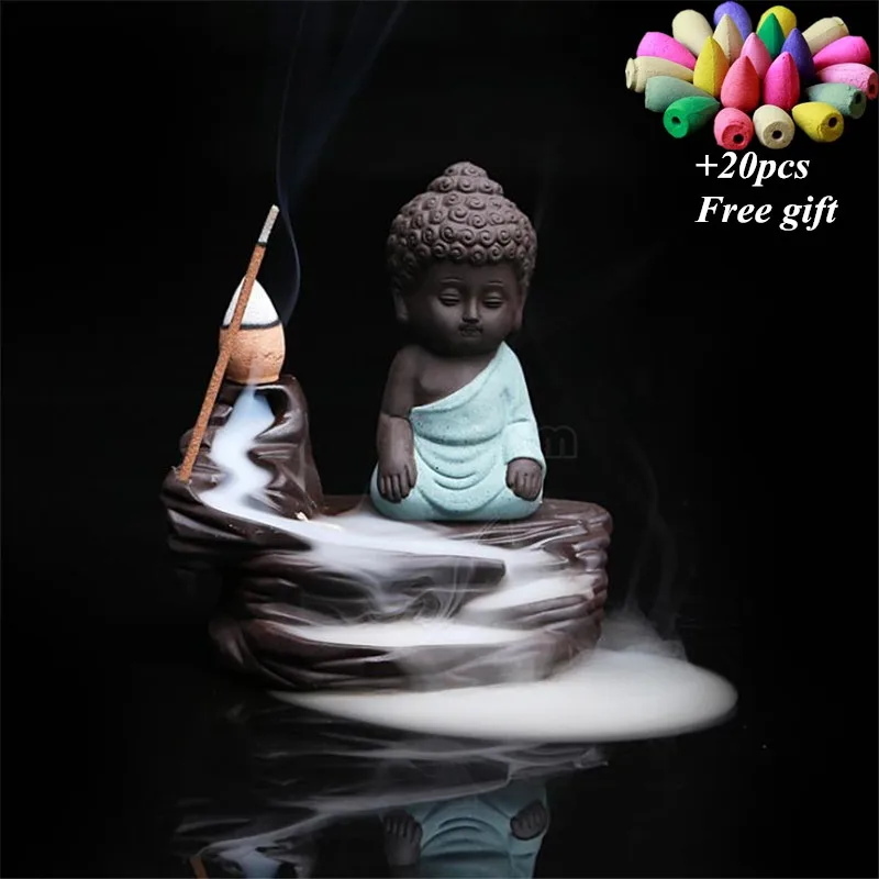 Buddha Green Керамическая горелка для благовоний с обратным потоком, подставка для ароматических палочек, домашний декор, ароматерапия, курильница Будды+ 20 штук, бесплатные конусы для благовоний - Цвет: Buddha Green
