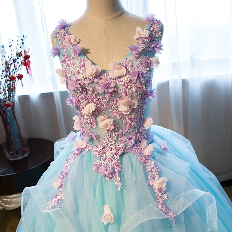 2017 Sweet V-Neck Sleeveless Sky Blue Formal Evening Party Long Dresses Purple Flowers Appliques Stage Solo Pageant Costume | Свадьбы и