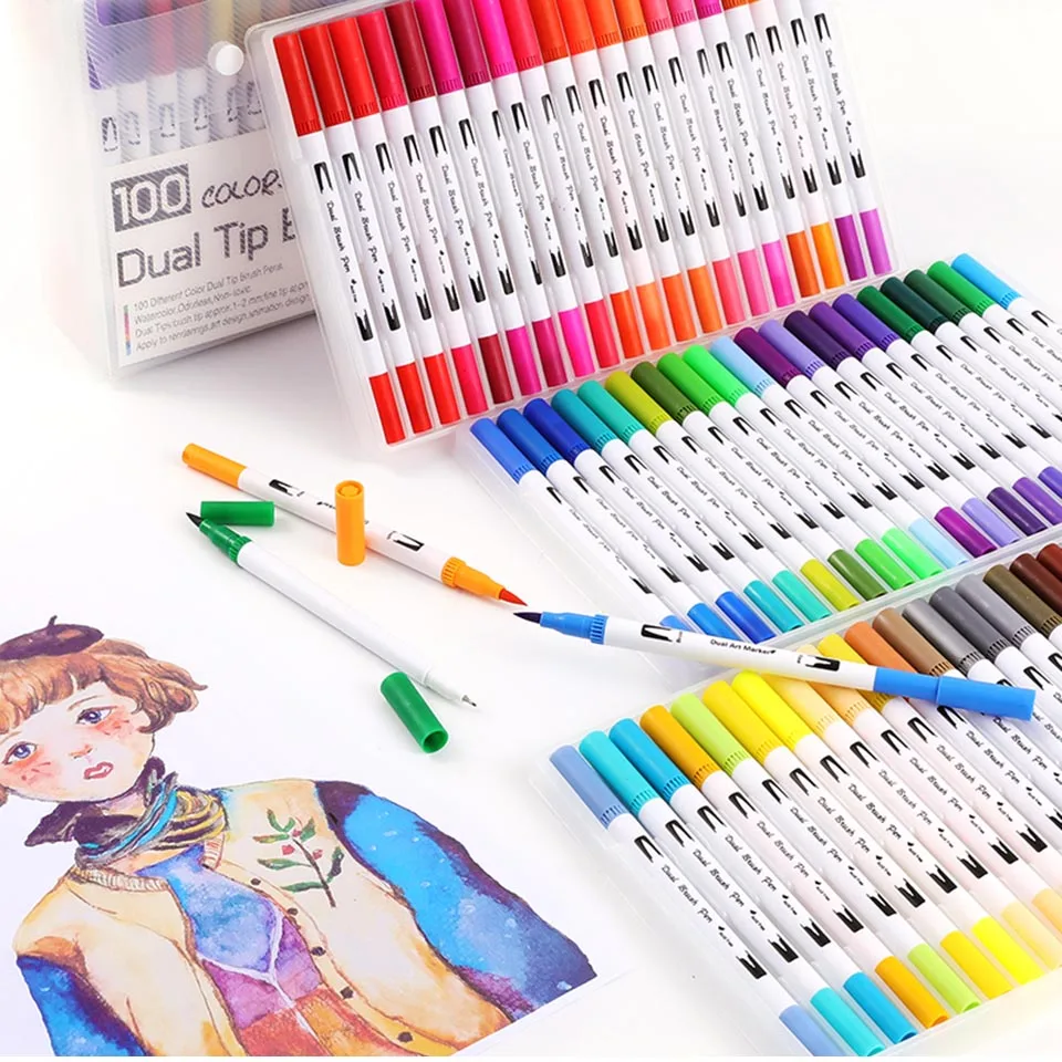 MIRUI, 100 цветов, FineLiner, рисование акварелью, художественные маркеры, ручки с двойным наконечником, кисточка, школьные принадлежности