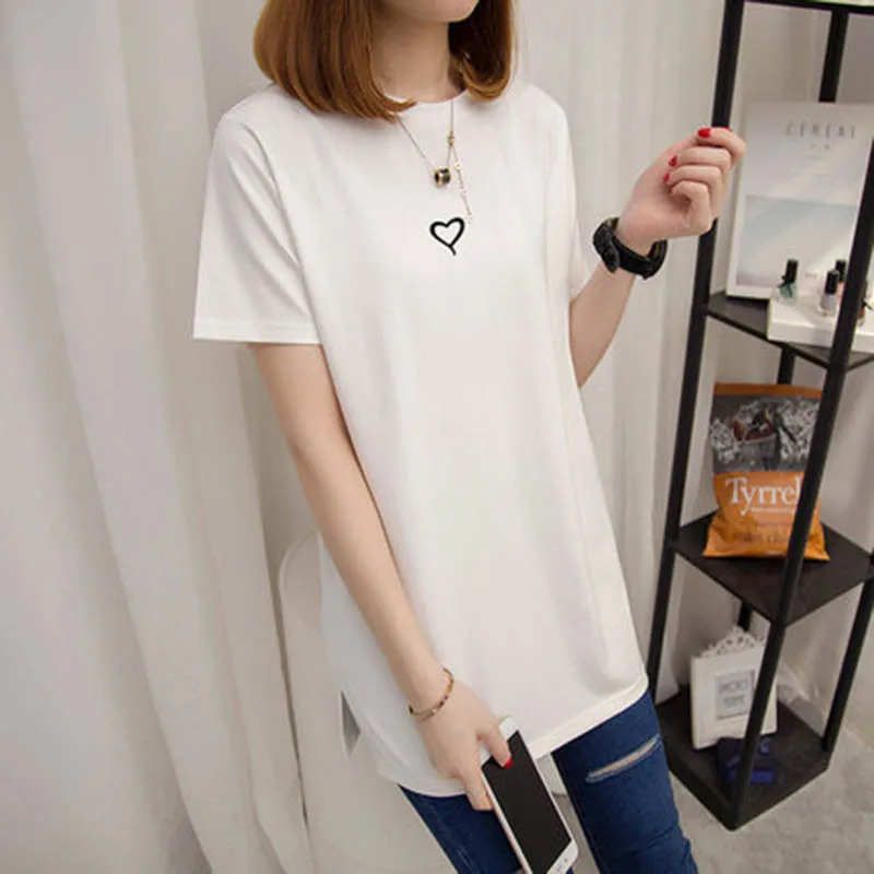 2019 Новая модная футболка из хлопка Для женщин Сплошной Цвет люблю свободные