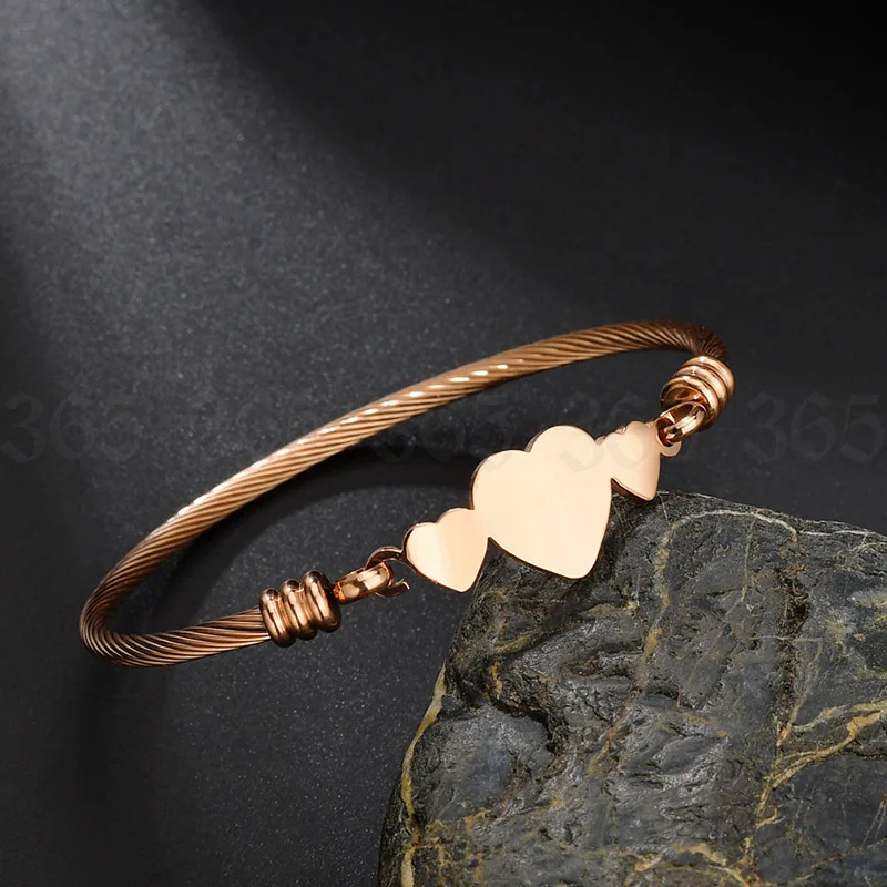 rose gold color Trendy Stainless Steel Three Heart Cuff Bracelet Gold Silver Color Lady Girl Elegant Heart Bangle Party Wedding Jewelry - Metal Color: rose gold color