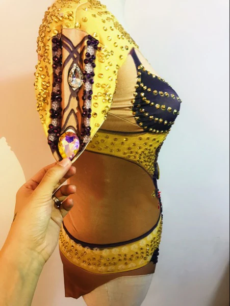 Women New Sexy Printed Sparkly Gold Rhinestones Bodysuit Leotard Jumpsuit Nightclub DJ Lady Singer Dance Wear Party Show Costume