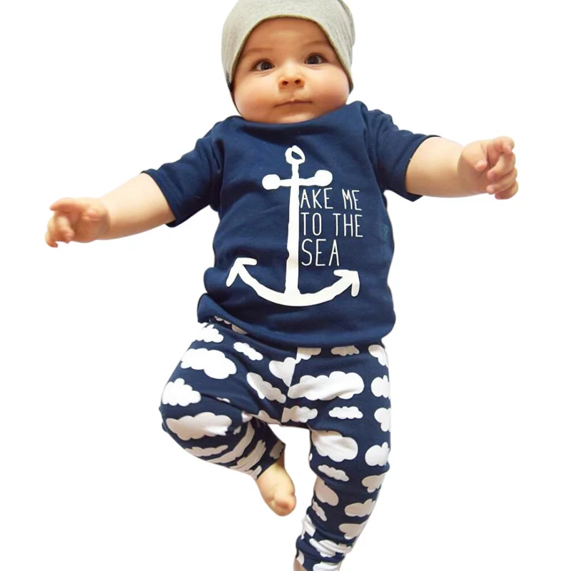 Летние детские футболки со стрелками и брюки с облаками хлопковые костюмы для