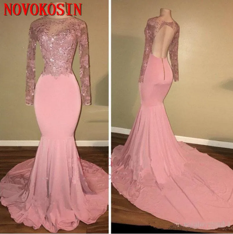 

Sheer Neck Long Sleeves Formal Dresses 2019 Sexy Pink Open Back Evening Party Gowns Arabic Party Gowns Special Occasion Gowns