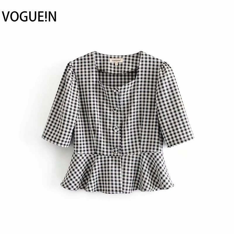 VOGUEIN Новая женская клетчатая печать черный/розовый квадратный вырез короткий
