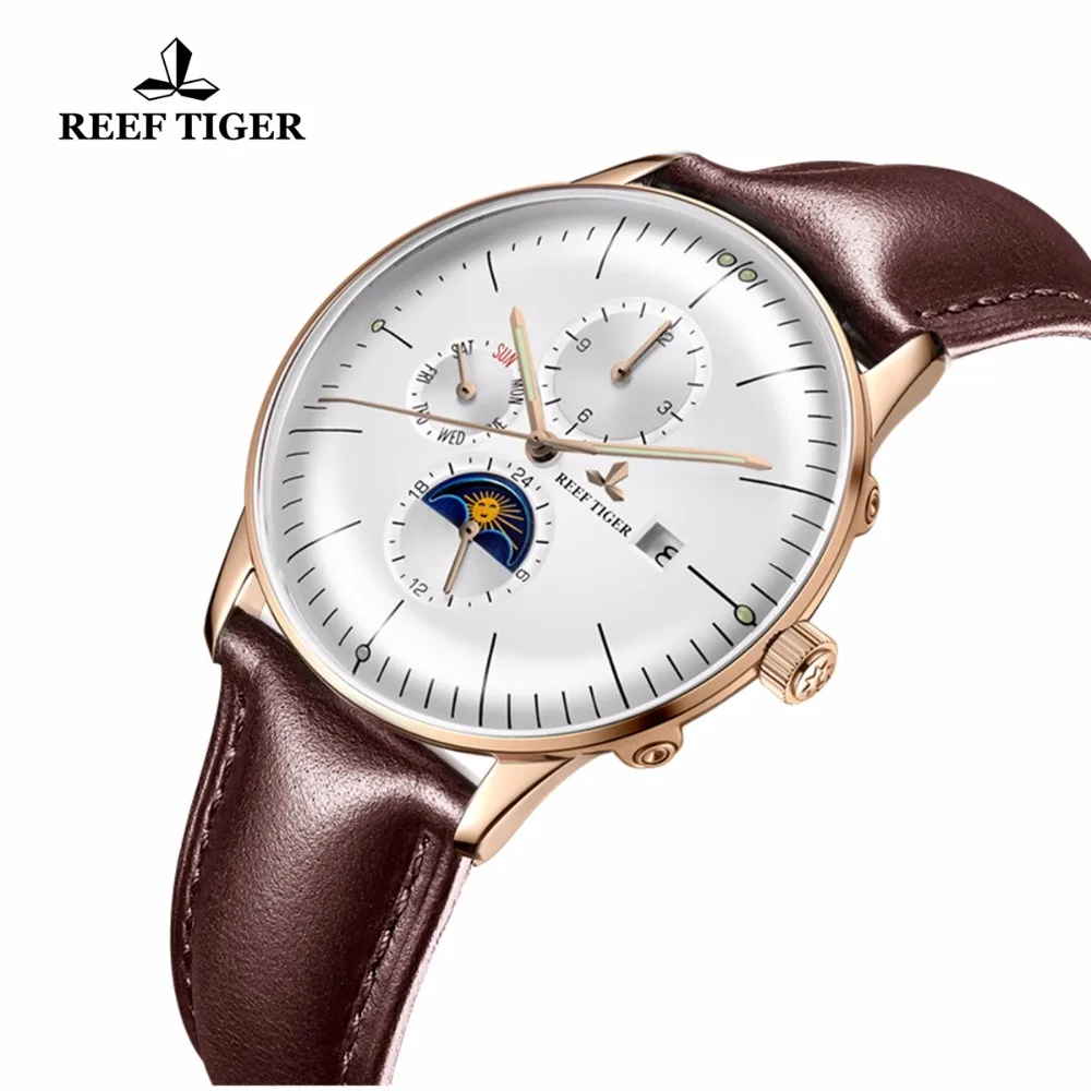 Часы Reef Tiger/RT модные повседневные водонепроницаемые часы с кожаным ремешком