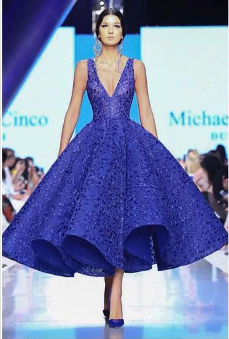 

Beaded Tulle Applique V Neck Tea length lace Sleeveless Royal Blue Pearls