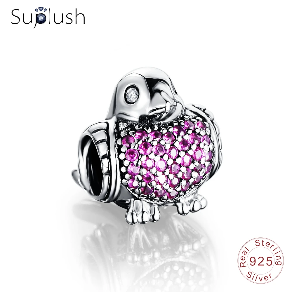 Suplush Мода Птица Красный CZ Бусины Fit оригинальный браслет 925 пробы серебро животных