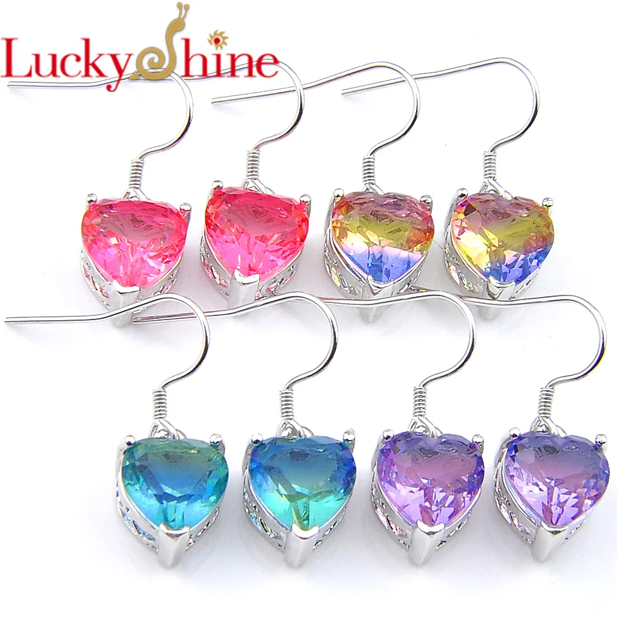 

New Luckyshine Multi color Heart Gradient Bi colored Tourmaline Crystal Zirconia Silver For Women Dangle Hook Earrings Jewelr