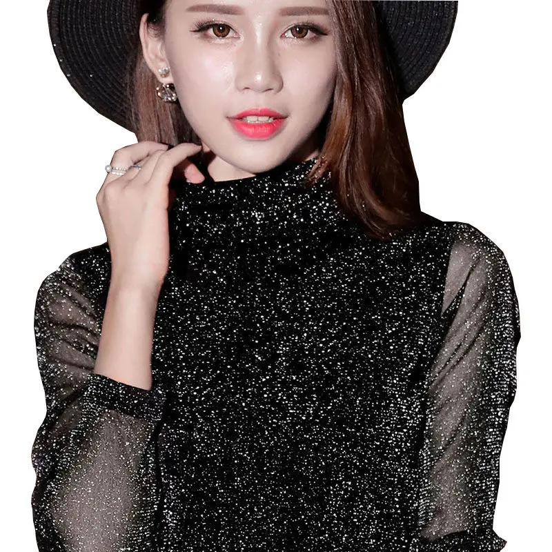 turtleneck black Весна лето женская сексуальная прозрачная сетчатая блуза с длинным рукавом Прозрачная блестящая элегантная рубашка модные женские топы DF2418 - Цвет: turtleneck black