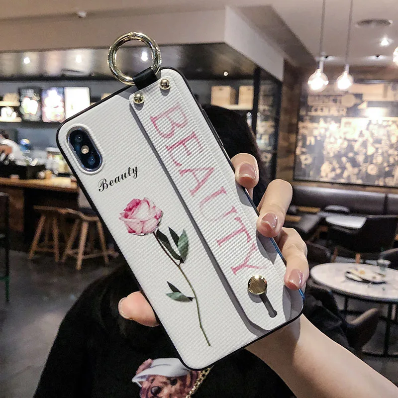 A Ремешок на запястье, чехол для телефона для iphone 7, 8, 6, 6s plus, Мягкий ТПУ, цветочный ремешок на руку, чехол s для iphone X, Xs, max, XR, чехол-подставка, Coque - Цвет: A