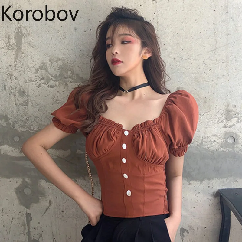 Женская футболка Korobov летняя с коротким рукавом фонариком в Корейском стиле