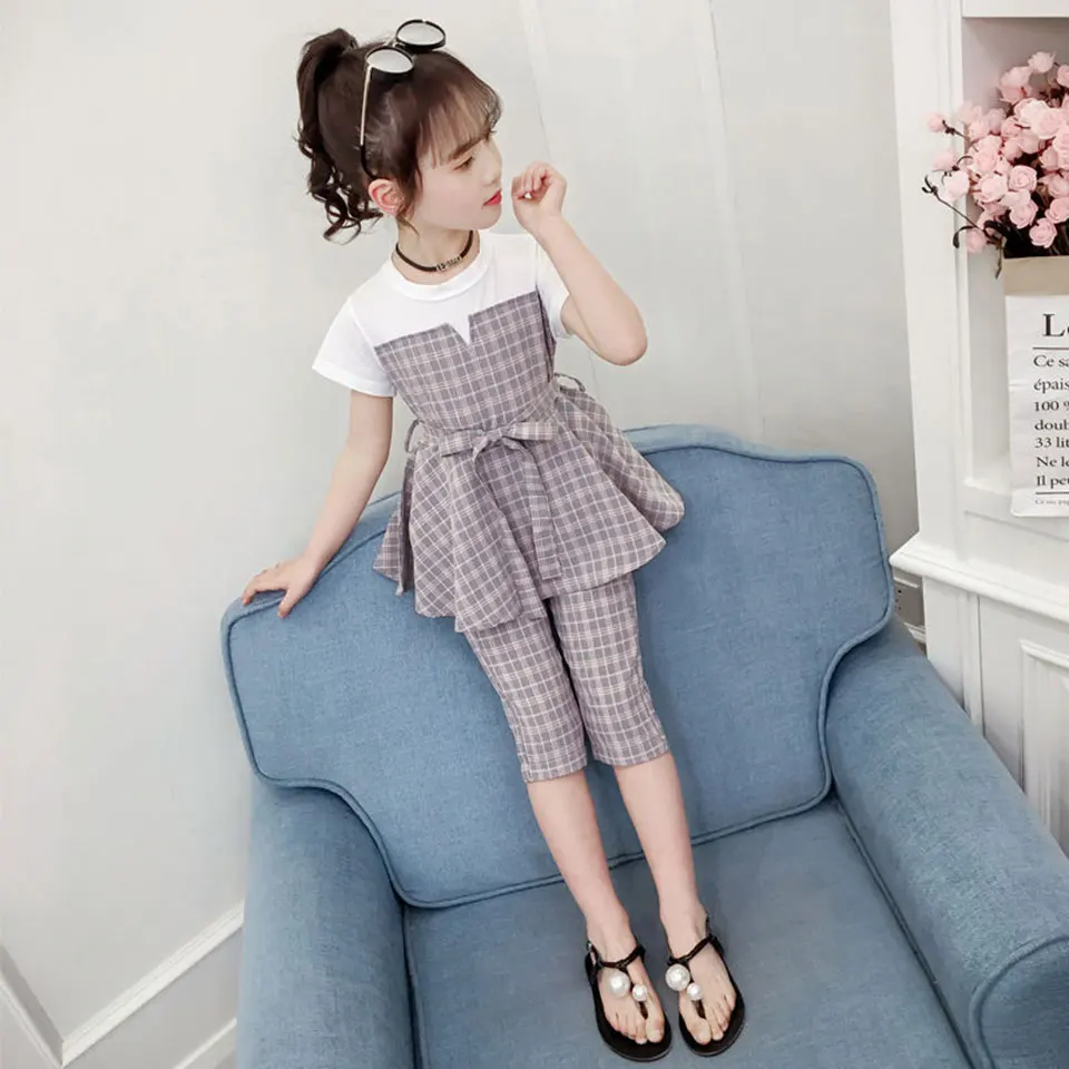 Летняя одежда для маленьких девочек Модный хлопковый комплект в клетку