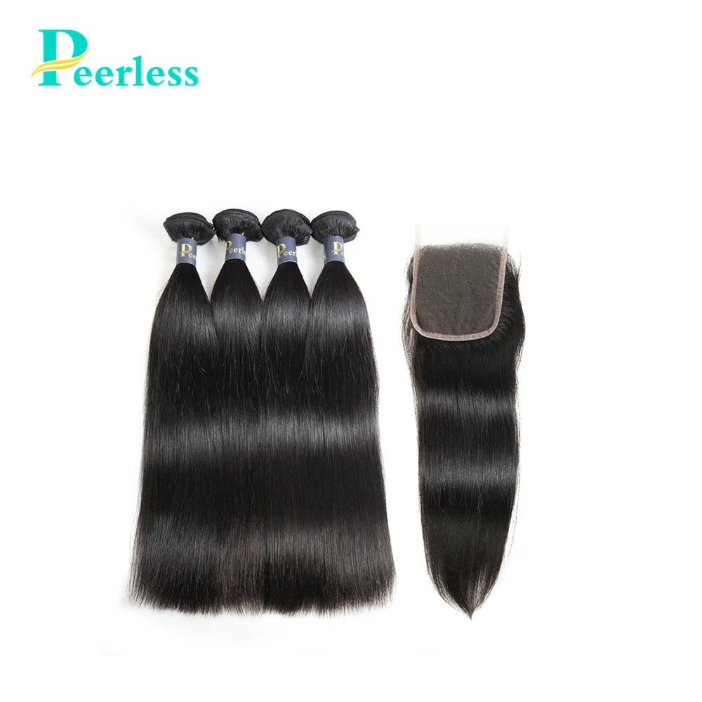 PEERLESS Hair Brazilian Virgin Straight Human 4 Bundles Deals With Free&ampMiddle Part 4*4 Swiss Lace Closure |