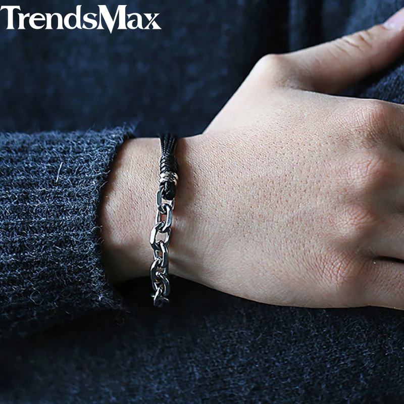 Кожаный браслет Trendsmax для мужчин и женщин из нержавеющей стали звеньевой цепи 2018