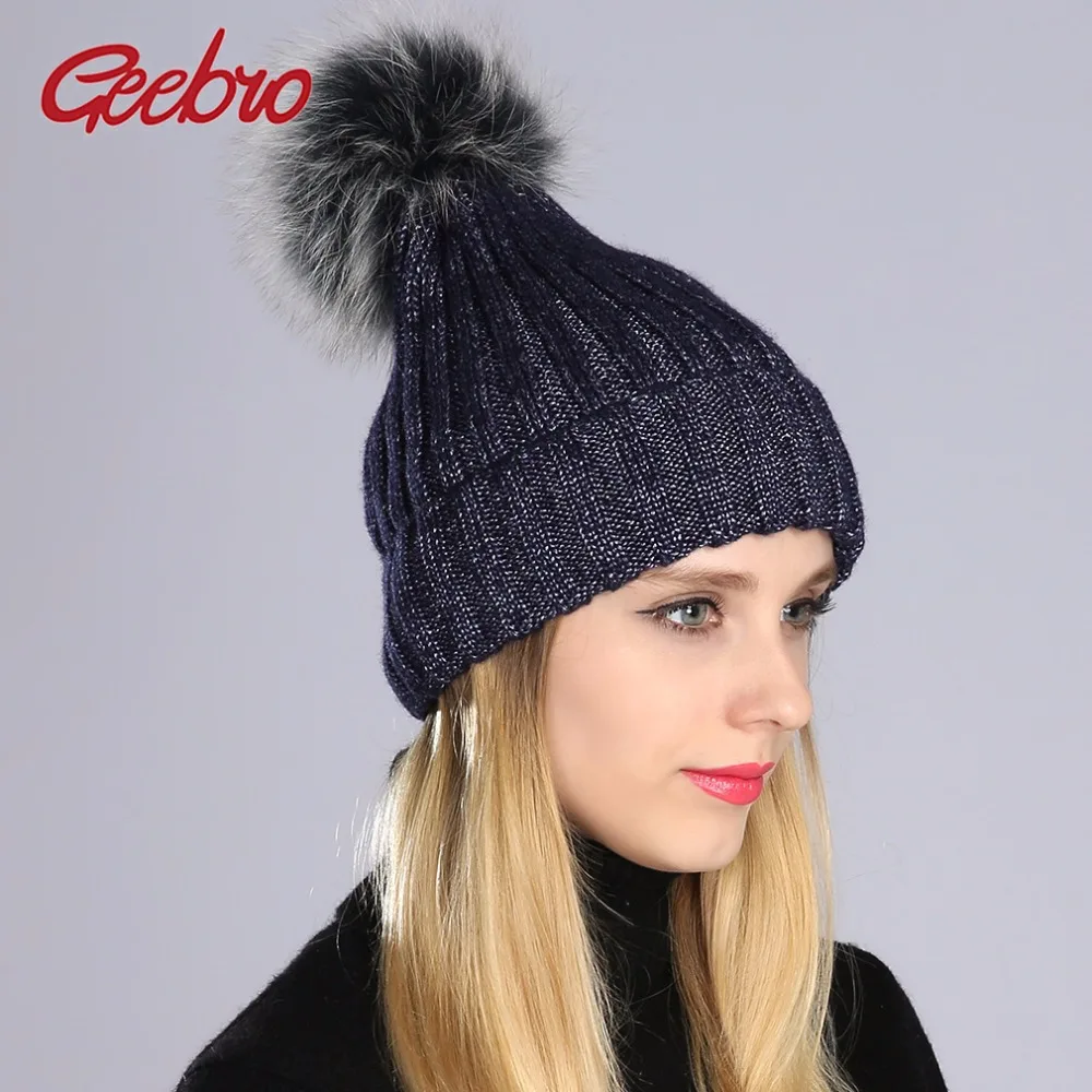 

Geebro Winter Women's Beanies Hat Casual Warm Knitted Beanies With Real Fur Pom Pom Hat Ladies Raccoon Fur Pompons Skullies Hats