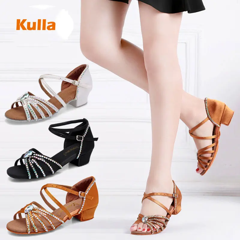 Rhinestone Girls Kids Latin Dance Shoes Ballroom Women Salsa Low-Heel 3.5cm Children Tango Practice Dancing Shoes zapato mujer