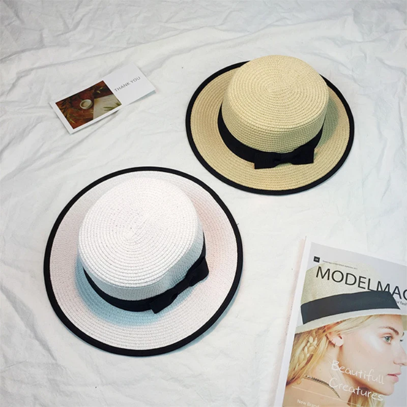 Женская Соломенная шляпка HT915 Белая от солнца с круглым плоским верхом бантом из