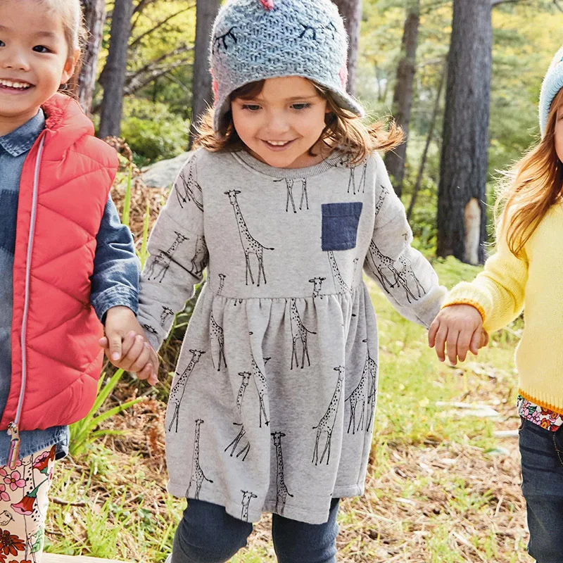Little Maven Spring Autumn New Full-Sleeved Grey Giraffe Printed O-neck 1-6yrs Pocket Knitted Cotton Girls Casual Dresses | Детская
