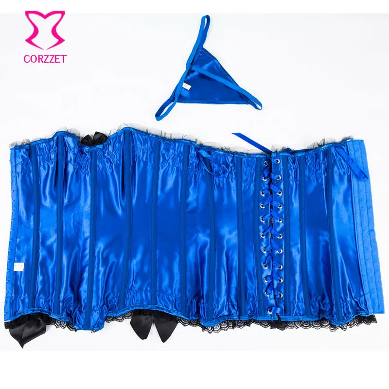 Женское атласное платье корсет с кружевом голубое в викторианском стиле