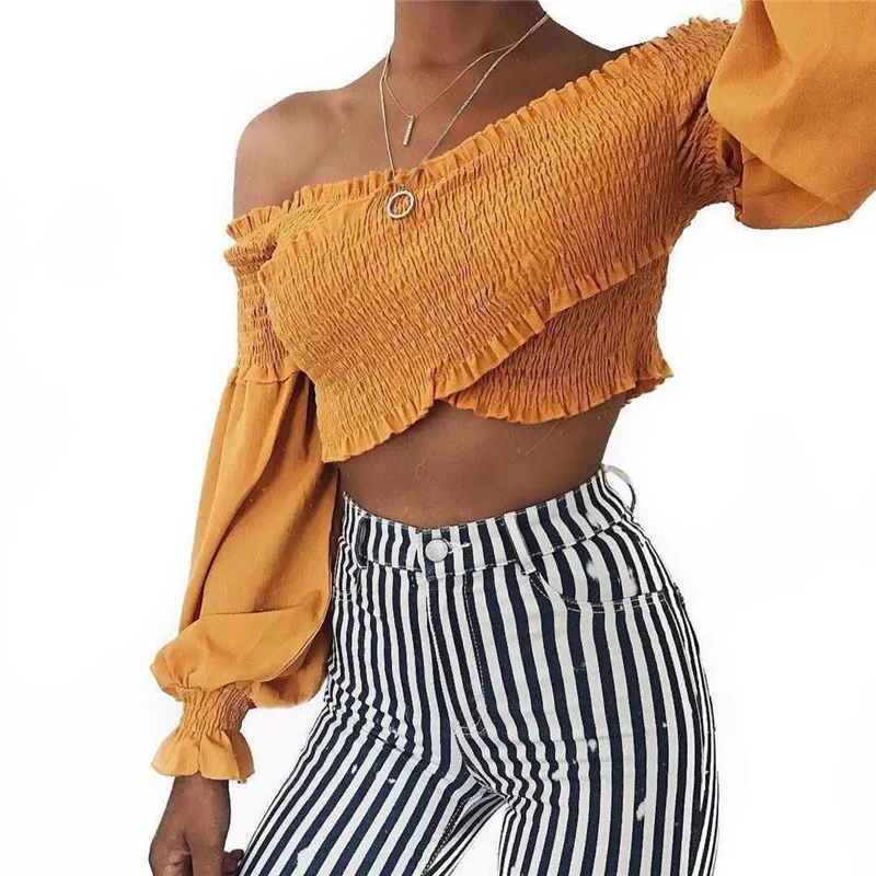 

2018 Summer Women Tube Top White Blouse Sexy Crop Top Long Sleeve Off Shoulder Female Blouse Shirt