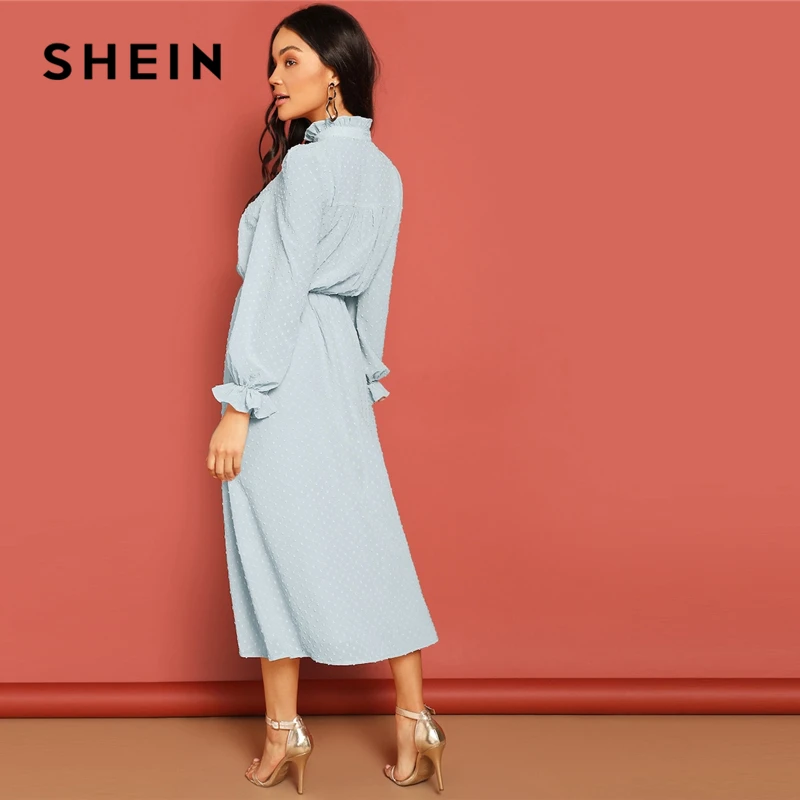 SHEIN Платье С Кружевом И Складкой Женское Голубое Весеннее Элегантное Платье С Длинными Рукавами И Пуговицами