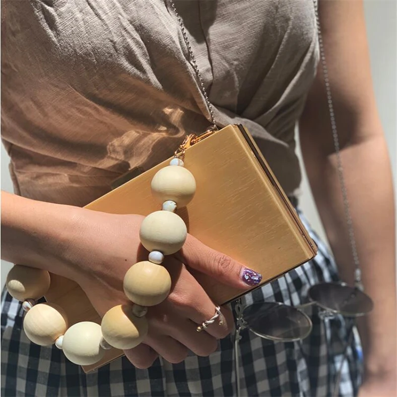 Retro Wooden handbag 2019 new mini Wood bead handle tote bag Vintage Clutch Purse Bolso femenino Lady Solid Party Evening Bag