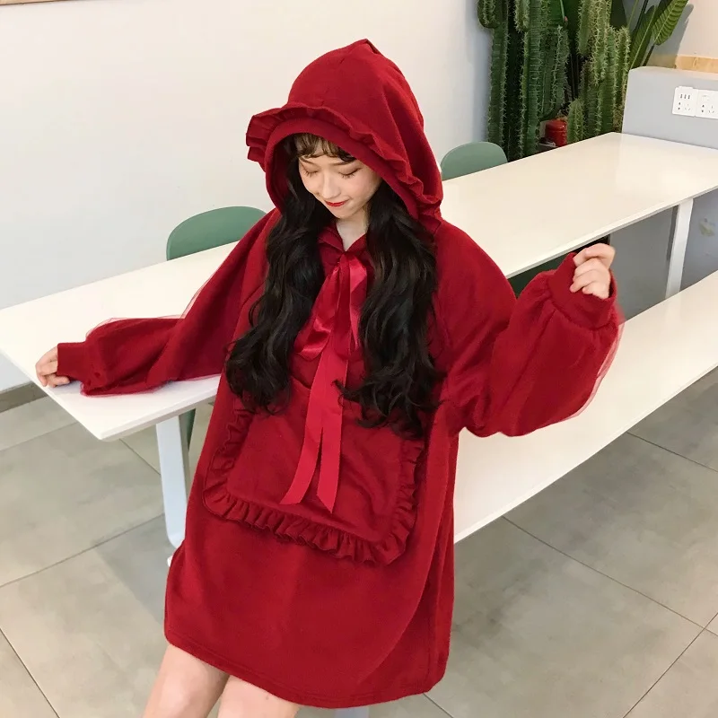 Японское платье с капюшоном Mori Girl осеннее большого размера оборками Сетчатое