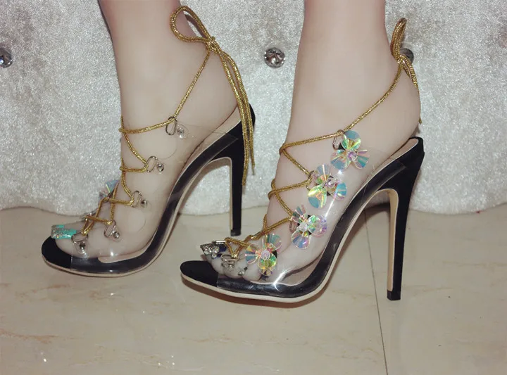 Murah Deification PVC Wanita Sandal Sexy Cross-Tied Sepatu Hak Tinggi Bling Payet Berbatasan Gladiator Sandal Pesta Wanita Untuk Pernikahan