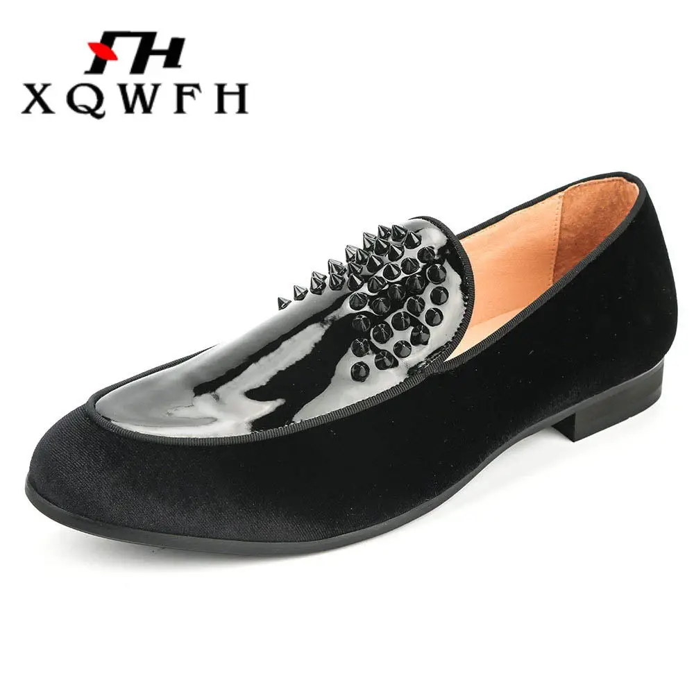 XQWFH Black Spikes Loafers Men Flats Handmade Velvet Dress Shoes Party and Wedding Men's Casual | Обувь