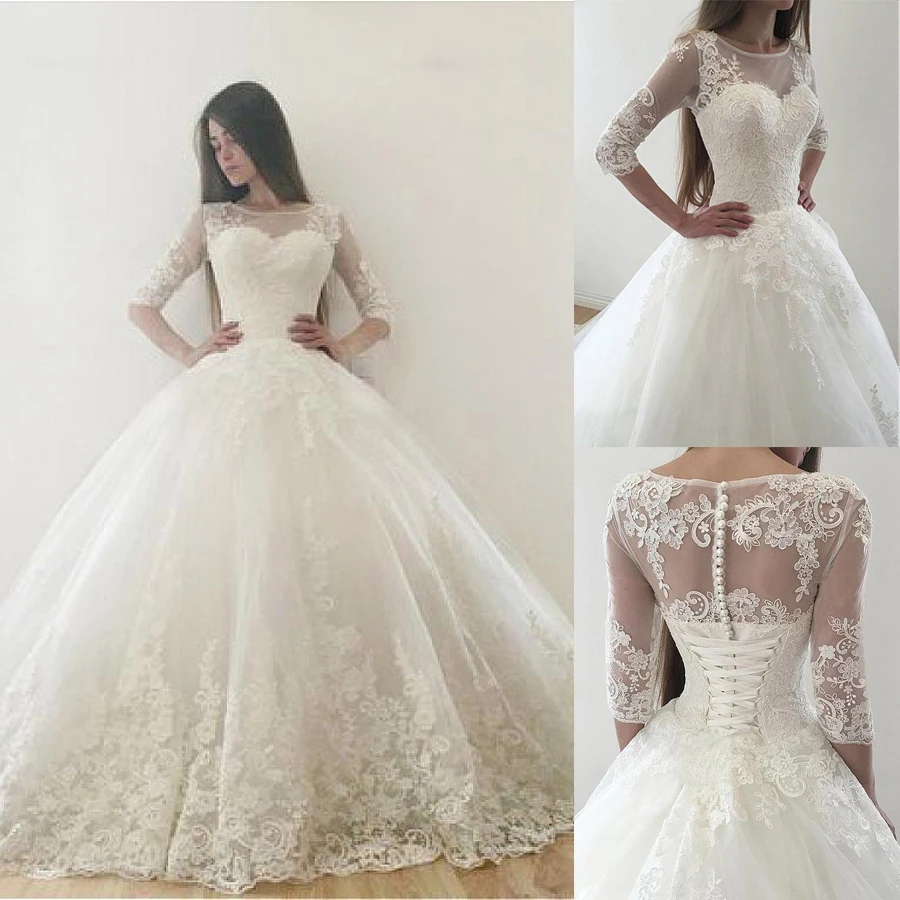 

Vintage Tulle Ball Gown Wedding Dresses With Lace Appliques Half Sleeves Zipper/Lace Up Back Two Corset Back Bridal Gowns