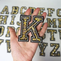 k letter yellow gold rhinestone alphabet silver edge sew iron on patches embroidered badges for clothes diy appliques decoration