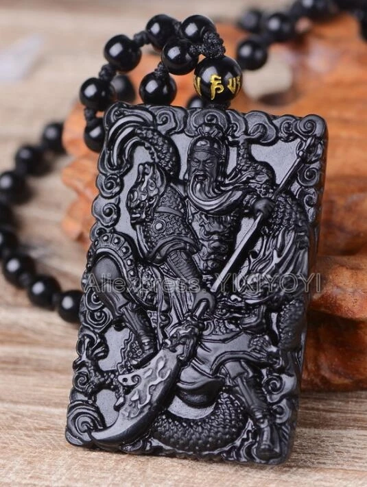 Hermoso trabajo hecho a mano, obsidiana negra Natural tallada, espada de dragón chino GuanGong, colgante de la suerte + collar de cuentas, joyería de regalo