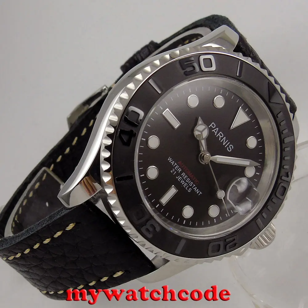 Мужские автоматические часы 41 мм Parnis с черным циферблатом сапфировым стеклом 21