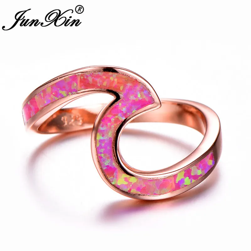 Rose Gold Pink Opal JUNXIN Женский Мужской волна кольца для мужчин и женщин 925 серебряный черный однотонный цвет розовое золото Синий Розовый Фиолетовый Белый огненный опал кольцо свадебный подарок - Цвет основного камня: Rose Gold Pink Opal