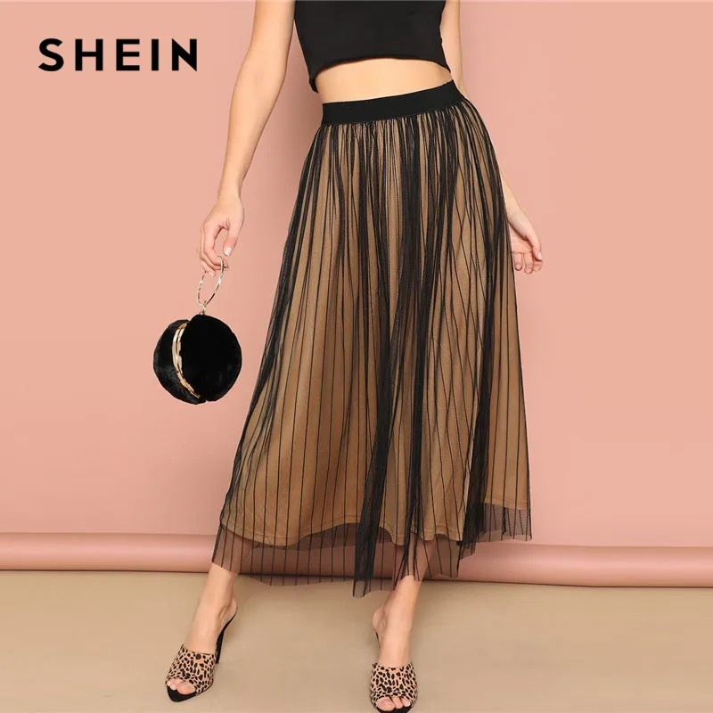 SHEIN Сетчатая Юбка В Полоску С Эластичной Талией Женская Весенняя Повседневная Трапециевидная Прозрачная Миди Юбка