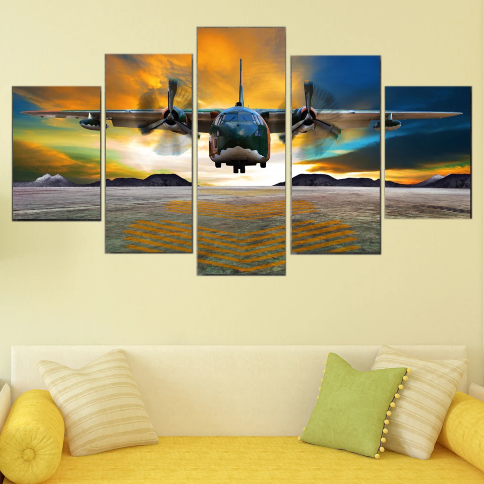 Home Decor HD Prints Canvas Poster Framework 5 Pieces Airplane Fly Sunset Painting Jet Aircraft Picture For Living Room Wall Art | Дом и сад