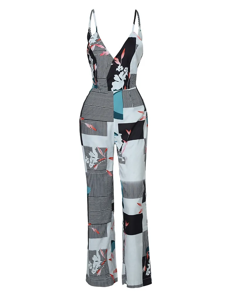 Women Summer Elegant V-Neck Sleeveless Open Back Brief Casual Jumpsuit Spaghetti Strap Mixed Print Wide Leg | Женская одежда