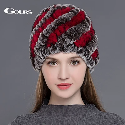 Red and Gray Gours натуральные шапки из меха кролика рекс для женщин зимние толстые теплые модные брендовые шапочки женские высококачественные кепки коричневого цвета Новое поступление - Цвет: Red and Gray