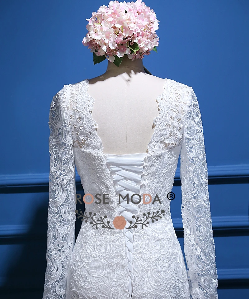 

Rose Moda Long Sleeves Wedding Dress Lace Mermaid Wedding Dresses 2019 Lace Up Back