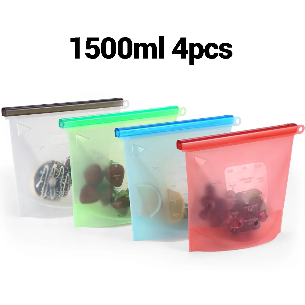 4pcs 1500ml 4Color Многоразовые силиконовые вакуумные пакеты для хранения продуктов, контейнеры для хранения фруктов, мяса, молока, пакет для холодильника Ziplock, кухонный Органайзер - Цвет: 4pcs 1500ml 4Color