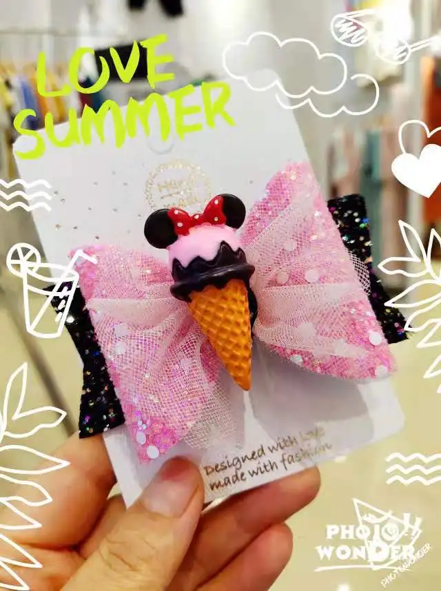 Pink with Black Дюймовочка, мороженое, банты, заколка для волос, блестящие банты для волос с зажимом, бант для танцевальной вечеринки, заколка для волос, заколки для волос для девочек, аксессуары для волос - Цвет: Pink with Black