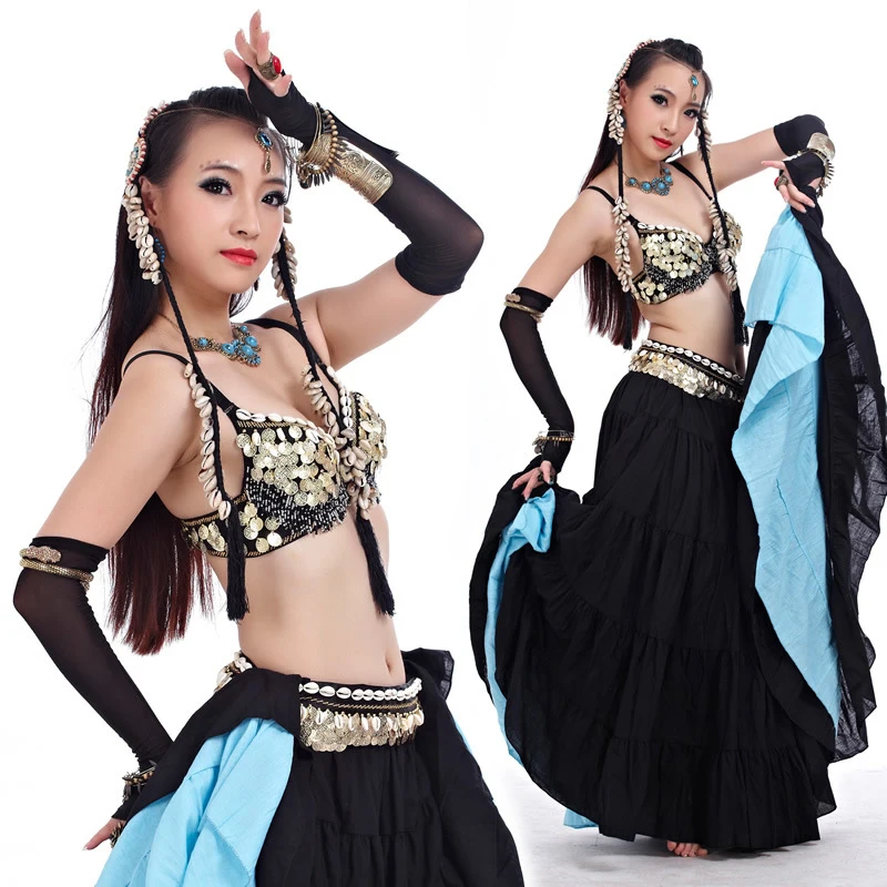 

ATS 2016 Tribal Belly Dance Clothes for Women 4 Pieces Outfit Set Antique Bronze Beads Bra Belt Skirts Gypsy Dance Costumes
