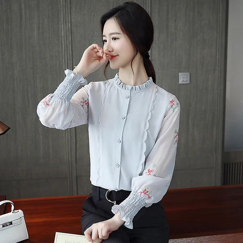 Spring Korean Version Chiffon Women Shirt 2019 New Style Autumn Stand Collar Embroidery Work Wear Female Fashion Slim Blouses |