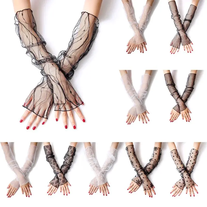 

Summer UV Protection Sunscreen Long Gloves Sheer Fishnet Mesh Lace Fingerless Arm Sleeves Jacquard Floral Leggings Socks