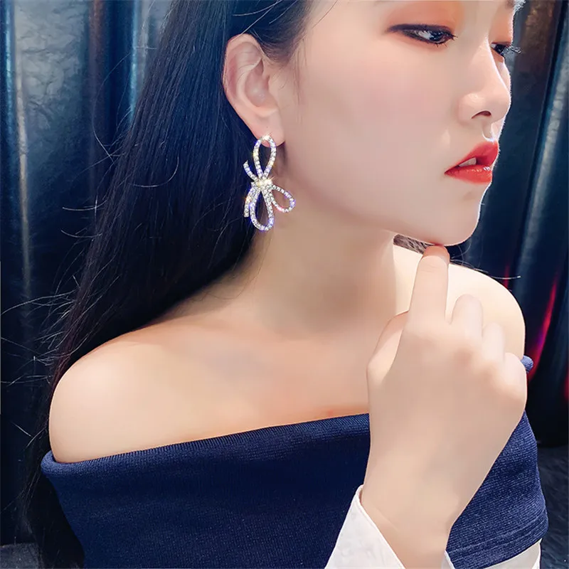 Fyuan Полный Стразы, серьги со шпилькой, для Для женщин девочек Bijoux(украшения своими руками) Блестящий большого размера с бантом Кристаллические серьги ювелирные изделия, ювелирные изделия, подарки